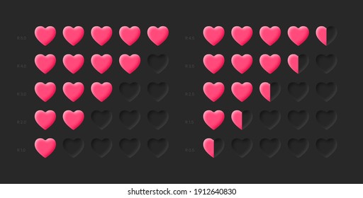 Neumorphic UI UX Design Elements 3D Vector Life Health Bar Rating System Bevel And Emboss Hearts Icons On Dark Gray Background. Neumorphism Material Design Achievement Rank Scale With 3D Hearts Shapes
