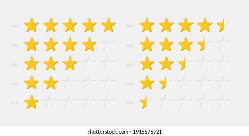 Neumorphic UI UX Design Elements 3D Vector Yellow Stars Rating System On White Background. Abstract Neumorphism Material Design Star Icons Set Achievement Rank Scale. Customer Product Rating Review