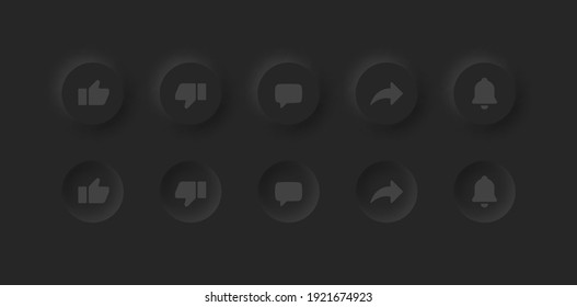 Neumorphic UI UX Design Elements Vector Buttons Like Dislike Comment Share Notifications On Abstract Dark Background. Active And Inactive Social Media Icons Neumorphism Material Design Dark Version