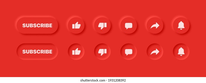 Neumorphic UI UX Design Elements 3D Vector Buttons Like Dislike Comment Share Notifications On Abstract Red Background. Active And Inactive YouTube Social Media Icons Neumorphism Design Red Version