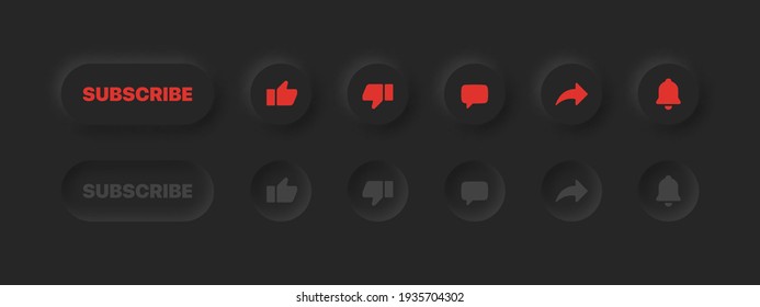 Neumorphic UI UX Design Elements 3D Vector YouTube Buttons Like Dislike Comment Share Notifications On Abstract Black Background. Active And Inactive Social Media Icons Neumorphism Design Dark Version