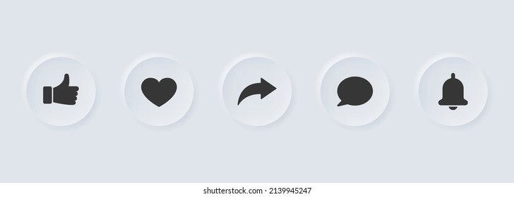 Neumorphic UI and UX Design Elements. Social Media Button in Neumorphism Style. Trend Digital Circle Element for Application Interface on White Background. Isolated Vector Illustration.