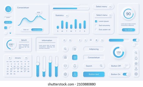 Neumorphic user interface elements, mobile app ui design kit. Buttons, bars, sliders in neumorphism style for website or dashboard vector set. Menu with different minimal components