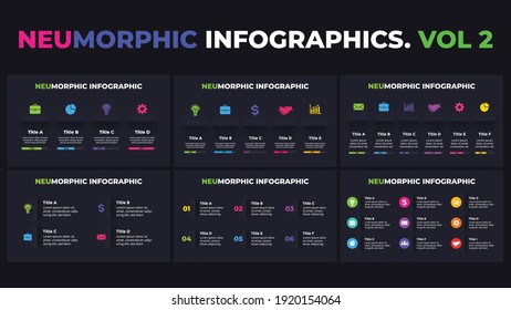 Neumorpher, dunkler Vektorgrafik-Infografik-Set. 4, 5, 6, 9 Optionen. Präsentationsfolienvorlage. Sauber minimaler Flachstil. 