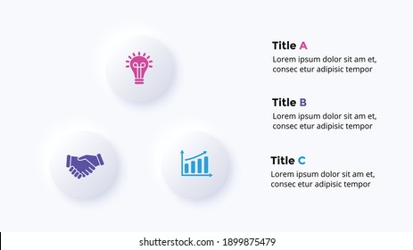 Infografía del vector neumórfico. Diagrama de ciclo. 3 opciones de círculo. Plantilla de diapositiva de presentación. Diseño del neutralismo. 