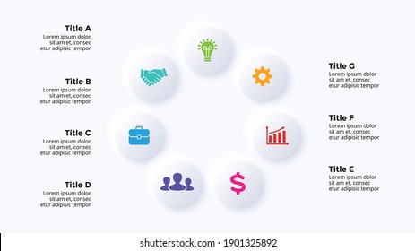 Neumorphic Vector Infographic. Cycle diagram. 7 circle options. Presentation slide template. Neumorphism design. 