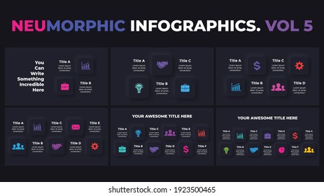 Neumorphic Vector Infographic. Dark squares. Presentation slide template. Neumorphism ui design. 