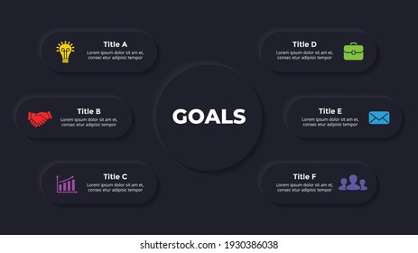 Neumorphic Vector Infographic. Presentation dark slide template. Circles scheme. 6 options. Clean minimal flat style. 