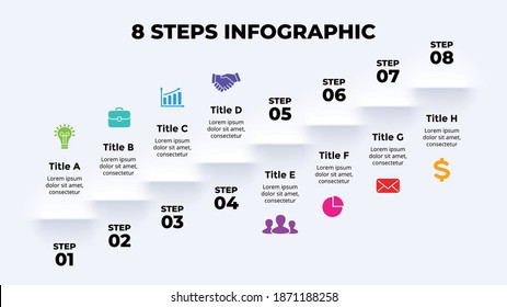 Neumorphic Vector Infographic. Presentation slide template. Shadows stairs. 8 steps up. Neumorphism skeuomorphism ui design. Clean minimal flat style. 