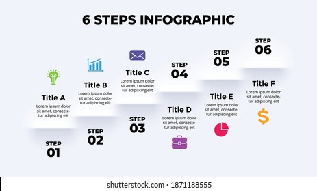 Neumorphic Vector Infographic. Presentation slide template. Shadows stairs. 6 steps up. Neumorphism skeuomorphism ui design. Clean minimal flat style. 
