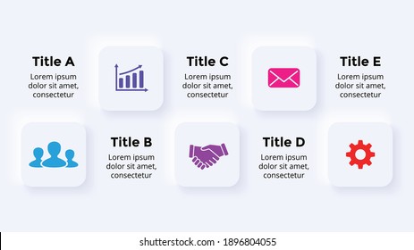 Neumorphic Vector Infographic. Presentation slide template. Squares with icons. 5 processes. Neumorphism ui design. Clean minimal flat style. 