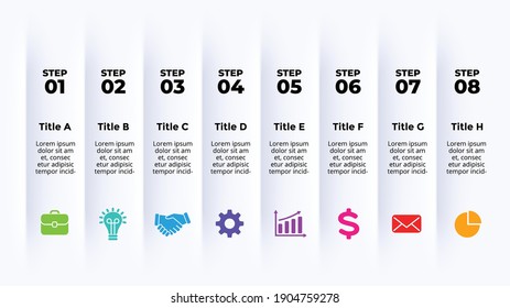 Neumorphic Vector Infographic. Presentation slide template. Vertical banners. 8 steps. Data visualization. 