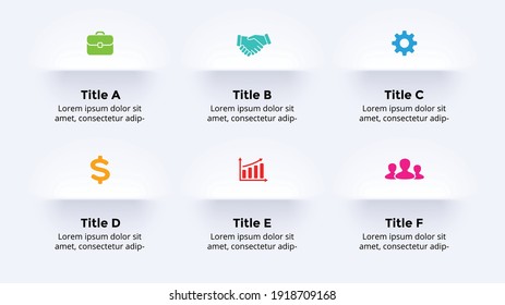 Neumorphic Vector Infographic. Presentation slide template. Neumorphism ui design. 6 options.