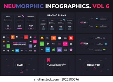 Neumorphe Vektorgrafik. Präsentationsfolienvorlage. Preispläne. Titel, Zitat-Banner. Datenvisualisierungsplan, Struktur. 