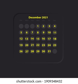 Neumorphic Yellow Calendar Grid Month December 2021 Dark Theme UI UX Buttons For Web Or Mobile App Business Vector Design