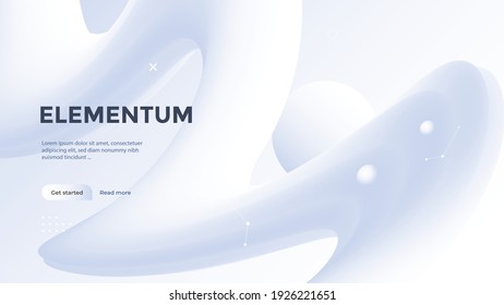 Neumorphism abstract poster with gradient white wave. Vector neumorphic duotone background with geometric 3d shapes. Minimal compositions design for cover, landing page.