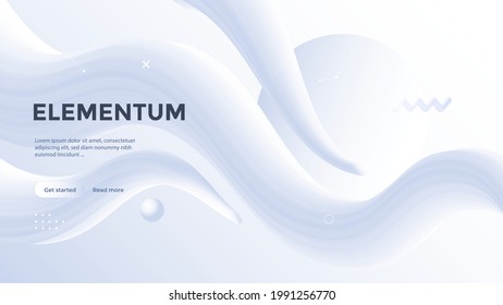 Neumorphism abstract poster with gradient white wave. Vector neumorphic duotone background with geometric 3d shapes. Minimal compositions design for cover, landing page.