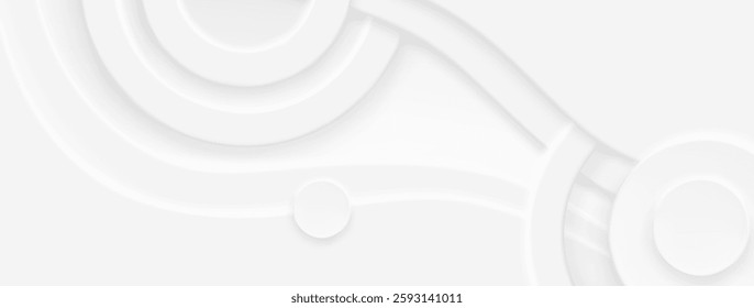Neumorphism abstract white background with circular shapes, curves and wavy lines. Minimalist light monochrome wallpaper or backdrop design in trendy neumorphic style, 3D emboss and deboss effect.