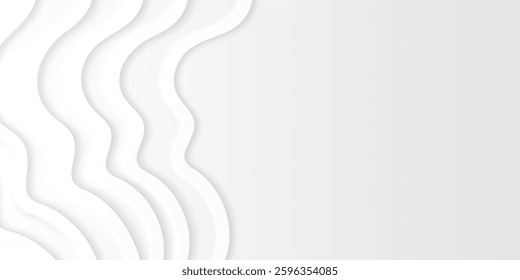 Neumorphism background with smooth white wavy layers and shadow effect. Clean minimal border design with soft flowing curves. Modern interface frame template for website or presentation design.