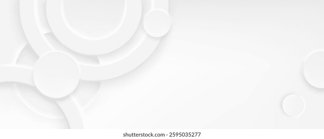 Neumorphism background with soft white circular shapes with minimal depth effect. Clean abstract emboss design pattern for modern ui elements, website banners or business digital presentations.