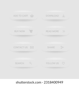 Neumorphism black and white CTA buttons set.
