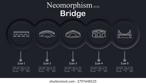 Neumorphism Bridge Icons Set with Arch Suspension Bridge River Crossing Dark UI Minimal Line