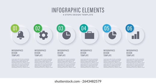 Neumorphism business infographic design template. Six infographic elements with icons and space for data
