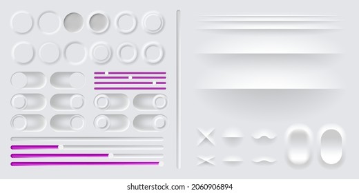 Neumorphism Button Vector Blank Set. Neumorphic Buttons Interface Collection. Neomorphism Degital Elements Bundle.