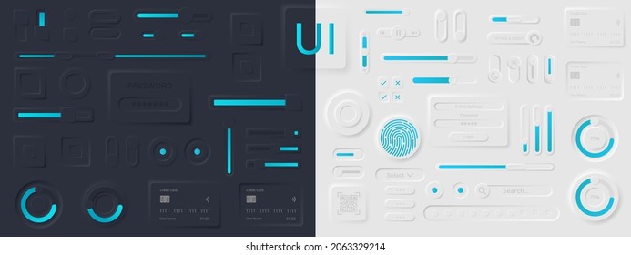 Neumorphism buttons collection. Neumorphism User interface design set. Neumorphism UI UX icons set. User interface elements for apps. Neumorphic buttons collection. Vector graphic. EPS 10