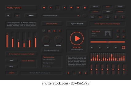 Neumorphism buttons, playlist menu, icons and volume sliders for music app. Audio player user interface elements in black design vector set. Panel with components for device display