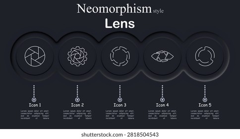 Neumorphism Camera Lens Icons Set with Aperture Shutter Focus Gear Dark UI Minimal Line