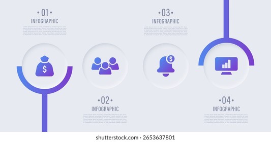 Neumorfismo diseño infográfico limpio. Cuatro pasos, opciones o procesos de Plantilla de infografía con íconos de negocios