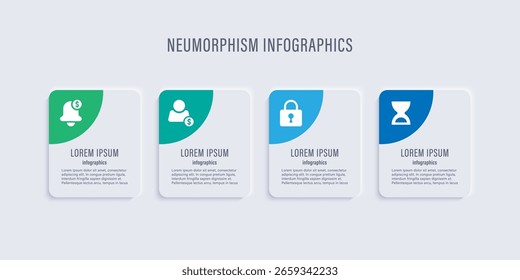 Neumorfismo layout infográfico limpo. Modelo de projeto de infográfico de negócios de processamento em quatro etapas