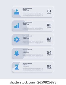Neumorfismo Vertical limpia Plantilla infográfica. Diseño de infografía de proceso de cinco pasos con iconos de negocios