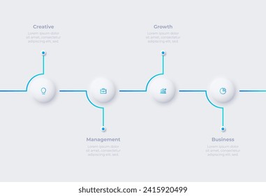 Neumorphism concept of development process with 4 options. Infographic timeline