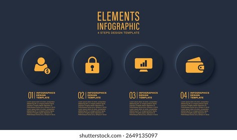 Neumorphism dark infographic template with round elements and icons. Four steps or options vector infographic layout