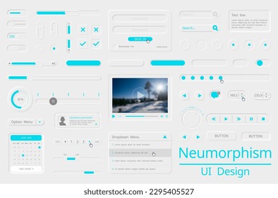 Neumorphism design graphic user interface concept - buttons, sliders, boxes etc. Vector illustration.