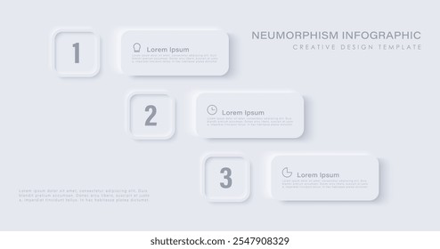 Infográfico de design de neumorfismo, 3 passos ou opções. Modelo de design infográfico com ícones