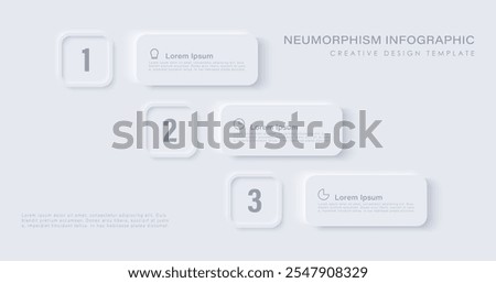 Neumorphism design infographic, 3 step or options. Infographic design template with icons