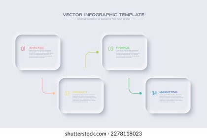 Neumorphism design infographic, 4 step timeline illustration. Minimal clean design.