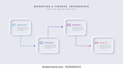 Infográfico de design de neumorfismo, ilustração de linha do tempo em 4 etapas. Design limpo mínimo. 