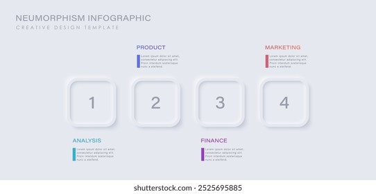 Infográfico de design de neumorfismo, ilustração de linha do tempo em 4 etapas. Design limpo mínimo.