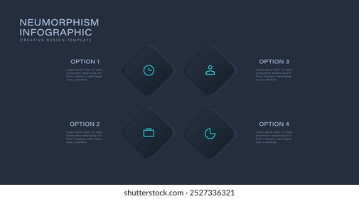 Neumorphism design infographic, 4 step timeline illustration. Deep blue design with icons