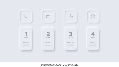 Neumorphism design infographic, 4 step or options. White Infographic design template with icons