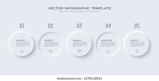 Neumorphism design infographic, 5 step timeline illustration. Minimal clean design.