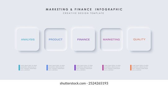 Infográfico de design de neumorfismo, ilustração de cronograma em 5 etapas. Design limpo mínimo.