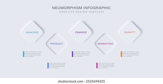 Infográfico de design de neumorfismo, ilustração de cronograma em 5 etapas. Design limpo mínimo. 