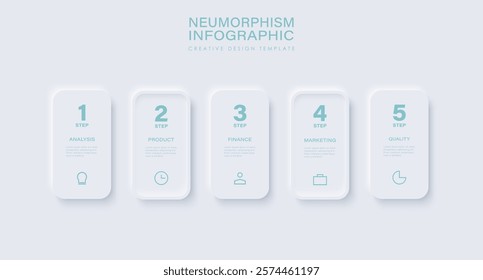 Neumorphism design infographic, 5 step or options. White Infographic clean design template with icons