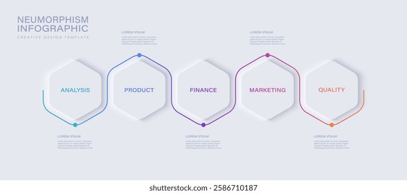 Neumorphism design infographic, 5 step timeline illustration. Minimal clean design.