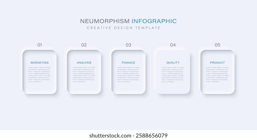 Neumorphism design infographic, 5 step timeline illustration. Minimal clean design.